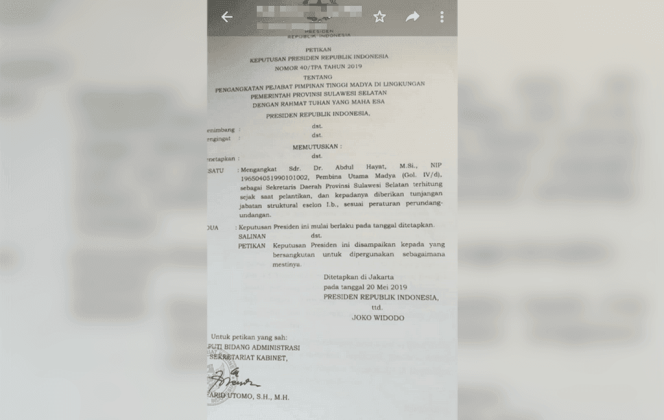 					Petikan Keputusan Presiden Pengangkatan Sekda Defenitif Sulsel. (BERITA.NEWS/KH)