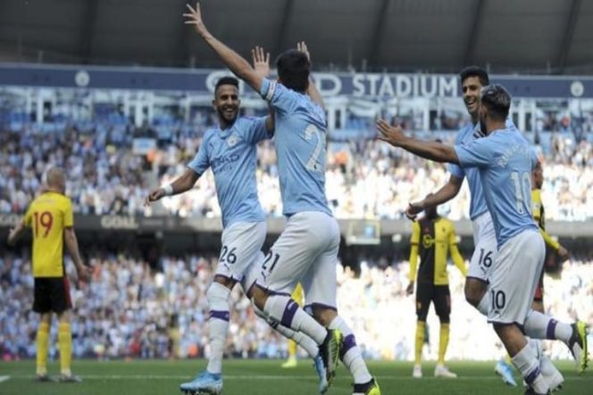 					Pemain Manchester City merayakan gol ke gawang Watford. (AP Photo/Rui Vieira).