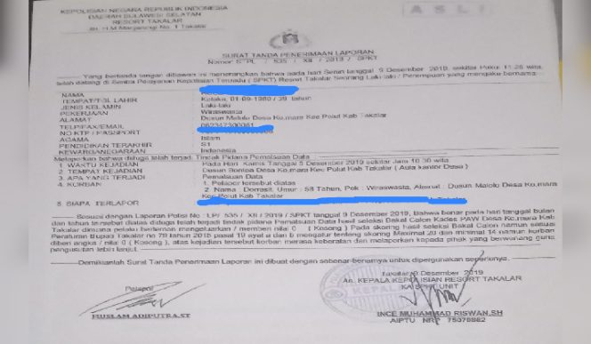 					Surat Bukti Laporan Kepolres Takalar. (BERITA.NEWS/Sahabuddin Jaya). 