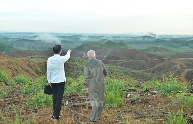 					Presiden Jokowi bersama Gubernur Kaltim Isran Noor saat meninjau lokasi untuk ibu kota negara di Kecamatan Sepaku, PPU, Kaltim, Selasa (16/12/2019). (M Fathra Nazrul Islam/JPNN)