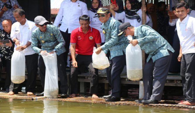 					Gubernur sulsel Nurdin Abdullah saat lepas ribuan bibit ikan mas di danau tempe. (BERITA.NEWS/Andi Khaerul). 