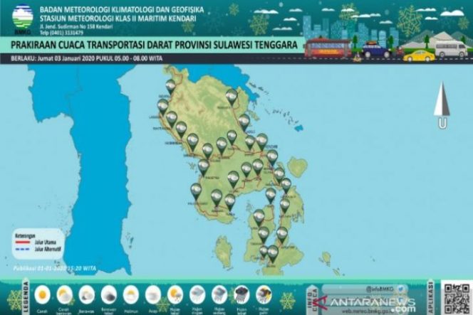 					Prakirawa cuca di Provinsi Sulawesi Tenggara (Sultra) pada 2 Januari 2020. (ANTARA/HO/Humas BMKG Kendari) (ANTARA/Harianto)