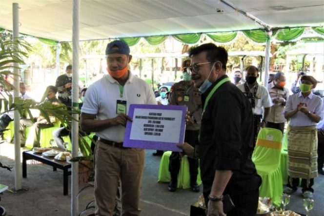 					Menteri Pertanian Syahril Yasin Limpo (kanan) menyerahkan secara simbolis bantuan obat-obatan untuk mengatasi serangan Virus African Swine Fever (ASF) atau flu babi kepada Gubernur Nusa Tenggara Timur, Viktor Bungtilu Laiskodat (kiri) yang berlangsung di Kupang, Jumat (29/5/2020). ANTARA/ Benny Jahang.