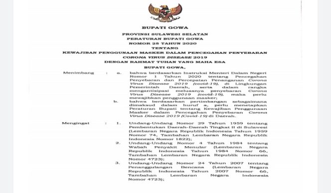 					Pemkab Gowa Keluarkan Perbup Wajib Masker
