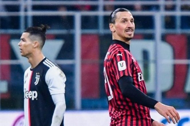 					Cristiano Ronaldo dan Zlatan Ibrahimovic dalam laga leg pertama semifinal Coppa Italia antara AC Milan vs Juventus di Stadion San Siro, Jumat (14/2/2020). (AFP/ALBERTO PIZZOLI)