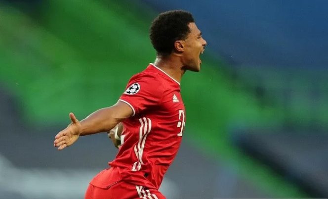 					Gelandang serang Bayern Muenchen Serge Gnabry merayakan gol pertamanya ke gawang Olympique Lyon dalam laga semifinal Liga Champions di Stadion Jose Alvalade, Lisbon, Portugal, Rabu (19/8/2020) waktu setempat. (ANTARA/REUTERS/POOL/Miguel A. Lopes)