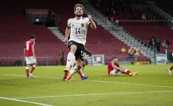 					Penyerang tim nasional Belgia Dries Mertens melakukan selebrasi seusai mencetak gol ke gawang Denmark dalam laga UEFA Nations League 2020/21 Divisi A Grup 2 di Stadion Telia Parken, Kopenhagen, Denmark, Sabtu (5/9/2020) waktu setempat. (ANTARA/REUTERS/BELGAIMAGE/Mads Claus Rasmussen)