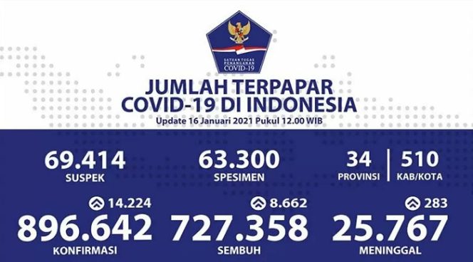 					Update Infografis percepatan penanganan COVID-19 di Indonesia per tanggal 16 Januari 2021 Pukul 12.00 WIB. ANTARA/Twitter @BNPB_Indonesia/pri.