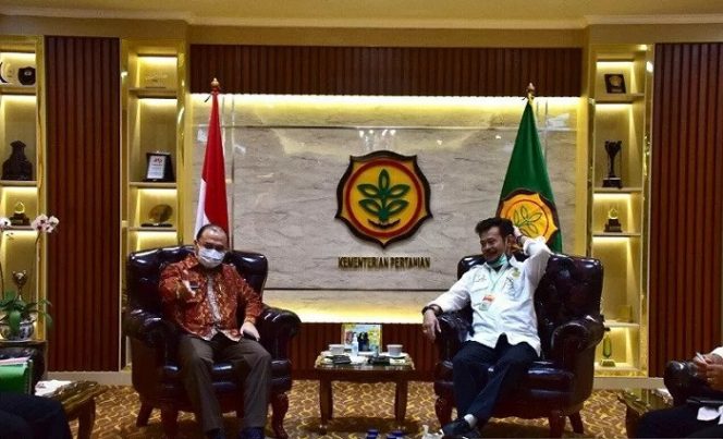 					Menteri Pertanian Republik Indonesia, Syahrul Yasin Limpo saat menerima kunjungan Gubernur Kepulauan Bangka Belitung, Erzaldi Rosman Djohan di Jakarta, Rabu (27/1/2021) (Antara/Aprionis)