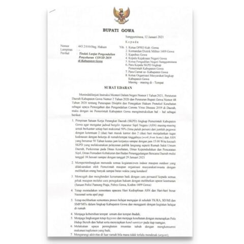 Surat Edaran Bupati Gowa, Adnan Purichta Ichsan tentang pemberlakuan WFH. (Foto: berita.news/putri).