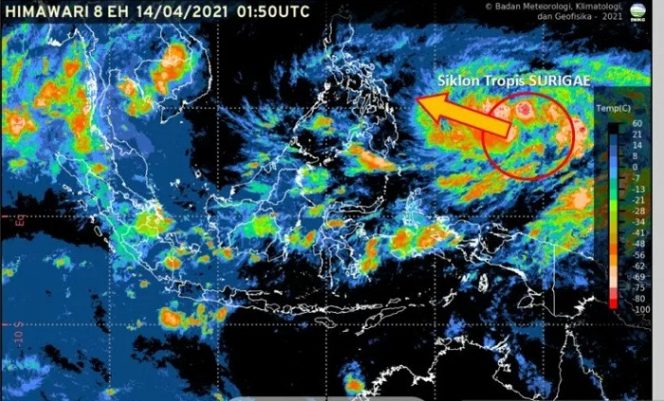 					Ilustrasi - Siklon Tropis Surigae terbentuk di sekitar Pasifik Barat sebelah utara Papua, Rabu (14/4/2021). (ANTARA/HO-BMKG)
