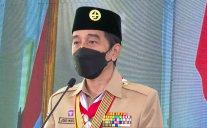 					Tangkapan layar Presiden Jokowi dalam Peringatan Hari Pramuka Ke-60 dari Istana Kepresidenan Bogor, Sabtu (14/8). ANTARA/Indra Arief