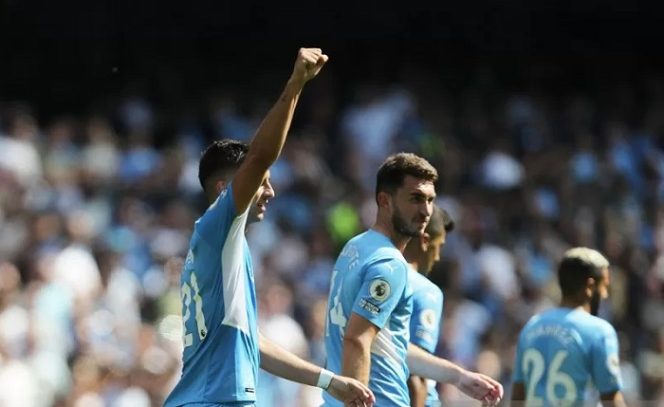 					Gelandang serang Manchester City Ferran Torres merayakan gol keduanya ke gawang Arsenal dalam lanjutan Liga Inggris di Stadion Etihad, Manchester, Inggris, Sabtu (28/8/2021). (ANTARA/REUTERS/Russell Cheyne)