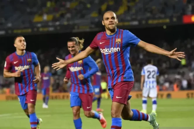 					Penyerang Barcelona Martin Braithwaite melakukan selebrasi usai cetak gol kedua dalam pertandingan Liga Spanyol lawan Real Sociedad di Camp Nou, Barcelona, Spanyol pada 16 Agustus 2021. ANTARA/AFP/JOSEP LAGO.