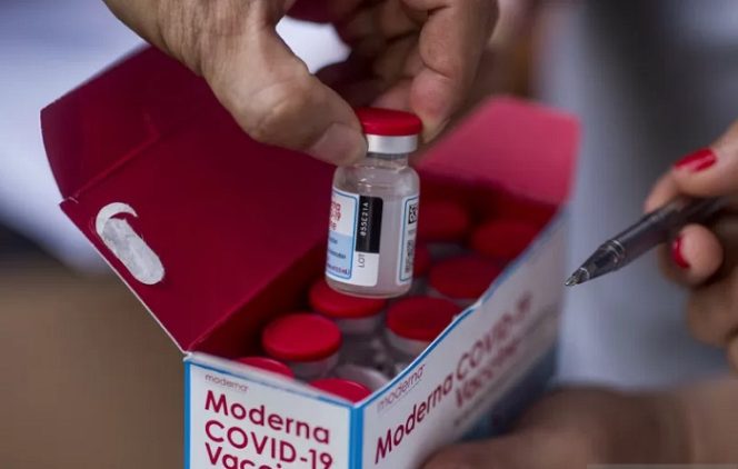 					Petugas memperlihatkan vaksin Moderna di Kota Tahuna, Kabupaten Kepulauan Sangihe, Sulawesi Utara, Senin (23/8/2021). Sebanyak 100 vial vaksin Moderna tiba di Kota Tahuna melalui transportasi laut untuk memenuhi kebutuhan vaksinasi COVID-19 di daerah kepulauan tersebut. ANTARA FOTO/Stenly/YU/aww.