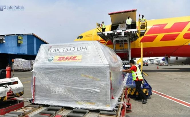 					Petugas Bandara Soekarno-Hatta, Tangerang, memindahkan kontainer bermuatan vaksin Pfizer yang diperoleh pemerintah Indonesia melalui skema business to business, Kamis (19/8/2021). ANTARA/HO-Kemenkes/aa. (ANTARA/HO. Kemenkes)