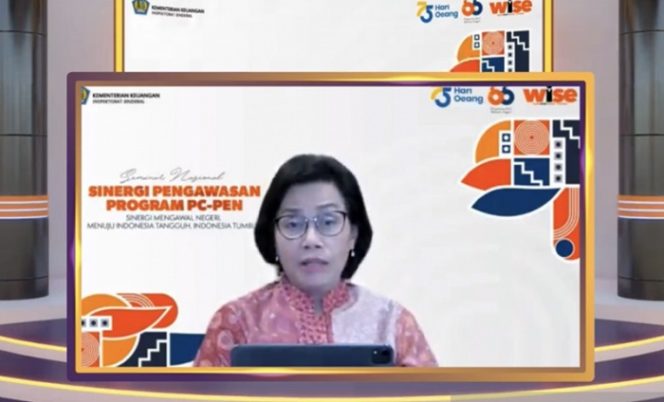 					Tangkapan layar - Menteri Keuangan Sri Mulyani Indrawati dalam Seminar Sinergi Pengawasan Nasional Program PC PEN di Jakarta, Kamis (21/10/2021). ANTARA/Astrid Faidlatul Habibah.