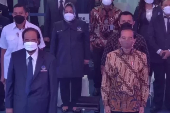 					Tangkapan layar - Presiden RI Joko Widodo menghadiri HUT ke-10 Partai NasDem di Gedung Akademi Bela Negara Partai NasDem, di Jakarta, Kamis (11/11/2021). ANTARA/Rangga Pandu Asmara Jingga.