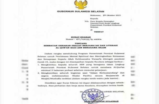 					Pandemi Covid-19, SE Plt Gubernur Sulsel Minta ASN Shalat Berjamaah dan Literasi Al-Qur’an