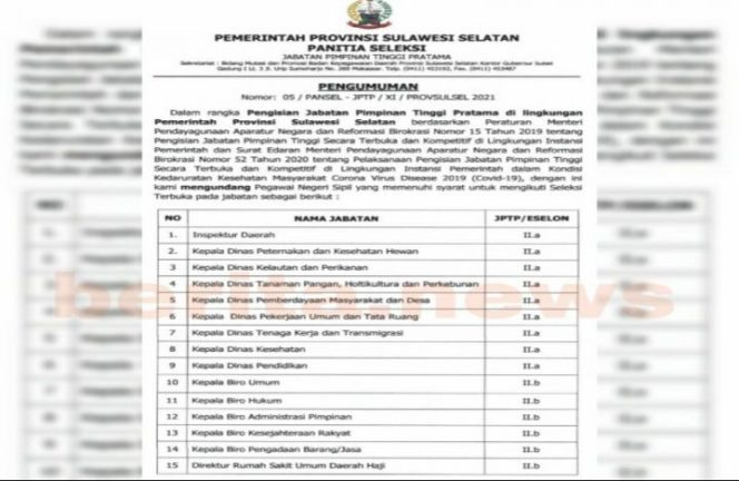 					Batas Pendaftaran 5 Hari, Pemprov Sulsel Resmi Buka Lelang Jabatan 15 Kepala OPD
