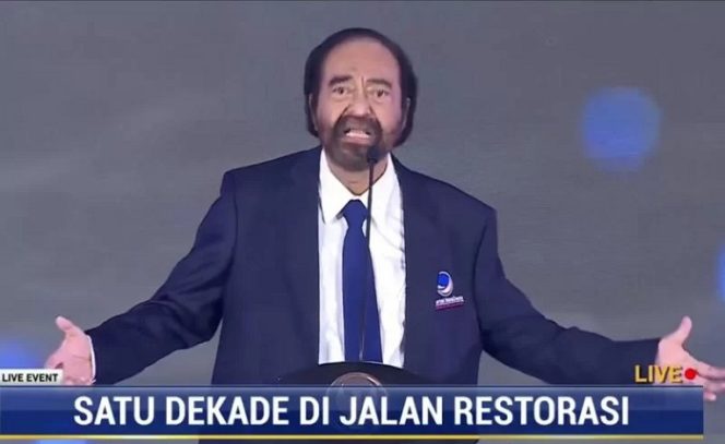 					Tangkapan layar Ketua Umum DPP Partai NasDem Surya Paloh saat memberikan sambutan pada Peringatan HUT Ke-10 Partai NasDem, di Gedung Akademi Bela Negara (ABN) Partai NasDem, Pancoran, Jakarta Selatan, Kamis (11/11/2021). (ANTARA/Syaiful Hakim)