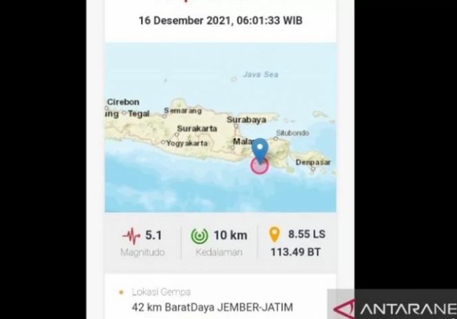 					Gempa bumi bermagnitudo 5,1 berpusat di Jember (ANTARA/HO-BMKG)