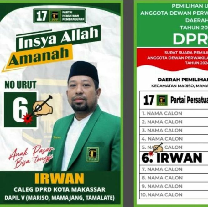 					Irwan, Calon Legislatif (Caleg) Partai Persatuan Pembangunan (PPP) nomor urut 6 di Daerah Pemilihan (Dapil) V Makassar. (Foto: Ist)