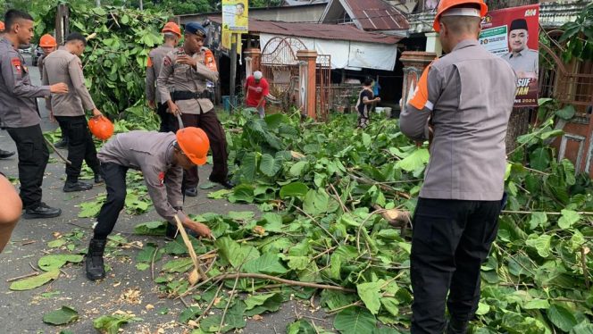 					Tim SAR Brimob Bone Evakuasi Pohon Tumbang. (Foto: Ist)