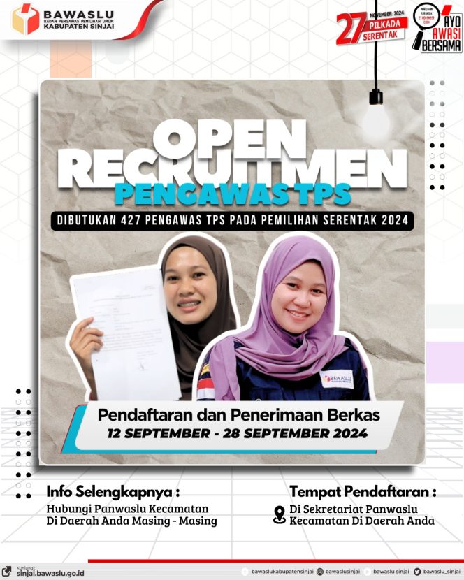 					Flayer Bawaslu Sinjai Tentang Info Recruien Pengawas TPS Pilkada Serentak 2024. (Dok. Ist/ Bawaslu Sinjai)