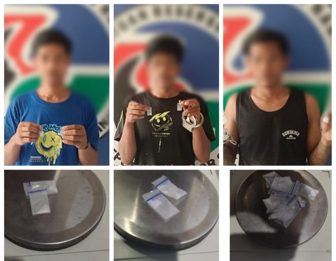 					Tiga Pelaku bersama Barang Bukti Sabu yang Diamankan Tim Satres Narkoba Polres Sinjai. (Dok. Ist/ Kolase/ Berita.News)