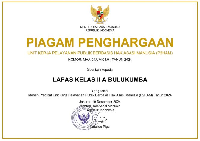 					Piagam Penghargaan dari Menteri HAM RI yang Diberikan kepada Lapas Kelas IIA Bulukumba. (Foto: Ist)