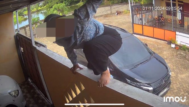					Terduga Pelaku, MF Memanjat Pagar Rumah Korban. (Foto: Ist/ CCTV)