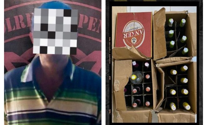 					Pemilik dan Barang Bukti Puluhan Botol Miras. (Foto: Ist/ Kolase Berita.News)