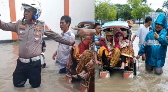 					Sepasang Pengantin di Bulukumba Naik Becak Terobos Banjir. (Foto: Kolase/ Istimewa)