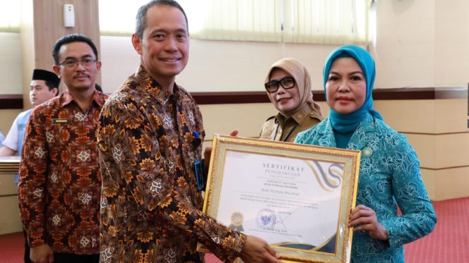 					Penghargaan diserahkan oleh Deputi Bidang Kebijakan Strategi Pembangunan Keluarga, Pengendalian Penduduk, dan Keluarga Berencana, Ukik Kusuma Kurniawan, kepada Ketua TP PKK Andi Herfida Muchtar. [Foto: Ist]