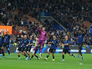Selebrasi pemain Inter Milan usai mengalahkan Cagliari di lanjutan Serie A. (c) AP Photo/Luca Bruno