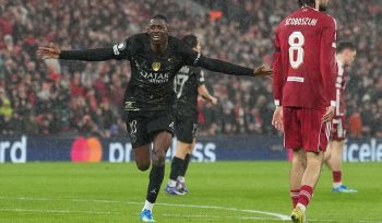 Momen selebrasi Ousmane Dembele dalam laga leg kedua perempat final Liga Champions antara Liverpool vs PSG di Anfield, 15 April 2026 (c) AP Photo/Jon Super