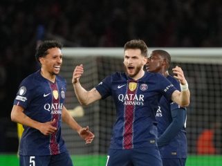 Selebrasi Khvicha Kvaratskhelia dalam laga PSG vs Bayern Munchen di leg pertama semifinal Liga Champions 2025/2026, Rabu (29/4/2026). (c) AP Photo/Aurelien Morissard