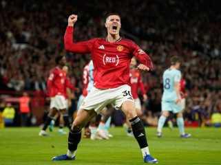 Striker Manchester United, Benjamin Sesko merayakan golnya ke gawang Brentford, Selasa (28/4/2026) (c) AP Photo/Dave Thompson