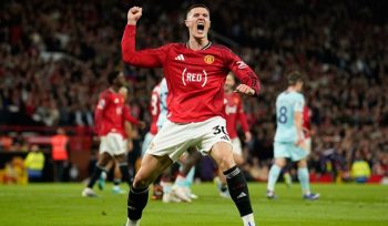 Striker Manchester United, Benjamin Sesko merayakan golnya ke gawang Brentford, Selasa (28/4/2026) (c) AP Photo/Dave Thompson