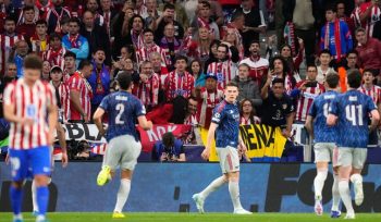 Selebrasi Viktor Gyokeres di laga Atletico Madrid vs Arsenal di Liga Champions, Kamis (30/4/2026). (c) AP Photo/Jose Breton