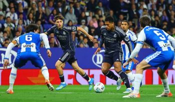 Pemain Real Madrid Jude Bellingham beraksi pada laga La Liga/Liga Spanyol antara Espanyol vs Madrid di Barcelona, Spanyol, Minggu, 3 Mei 2026 (c) AP Photo