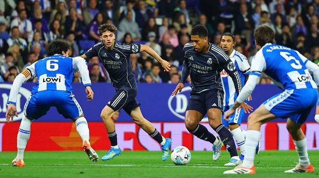 Pemain Real Madrid Jude Bellingham beraksi pada laga La Liga/Liga Spanyol antara Espanyol vs Madrid di Barcelona, Spanyol, Minggu, 3 Mei 2026 (c) AP Photo